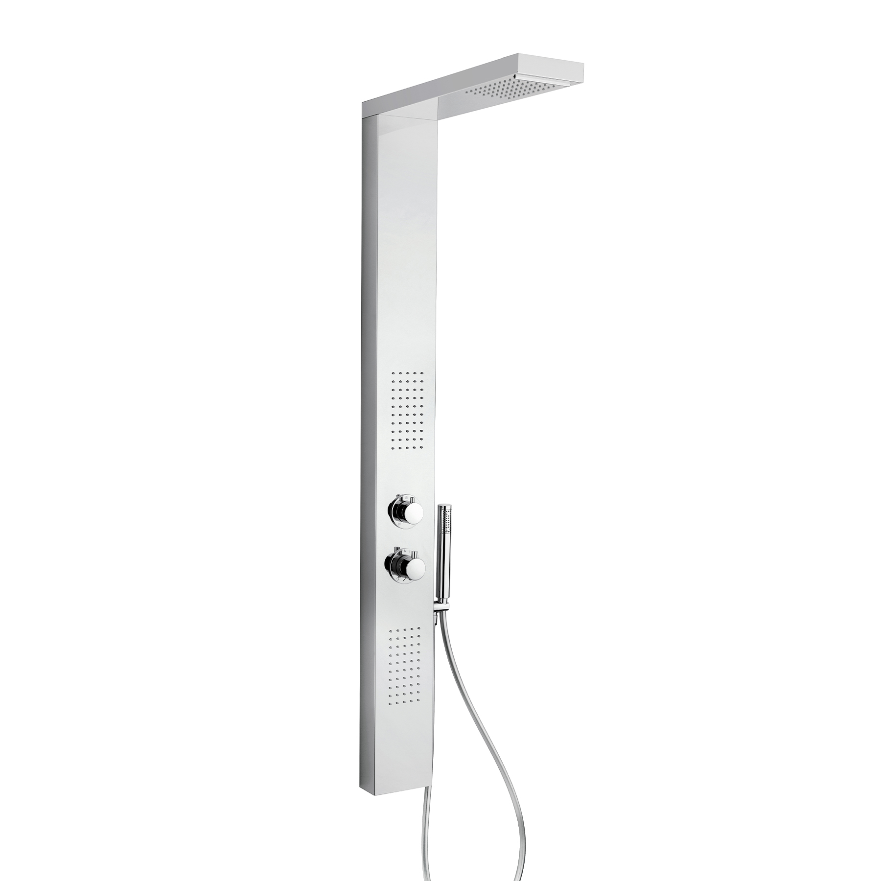 Crolla P-docce – Parete Attrezzata In Acciaio, Multifunzione, Anticalcare, Con Miscelatore Termostatico E Deviatore, Completa Di Soffione Con Funzione Cascata E Getti Frontali — Crolla | Ceramiche Pa.Na.